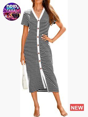 Short Sleeve Striped Midi Dress V Neck Knit Bodycon Party Dress